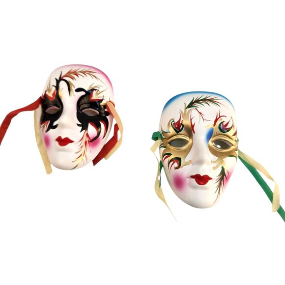 Venetian Style Mardi Gras Decorative Wall Masks Set Of 2 With Ribbon Ties For Ar - Picture 2 of 7